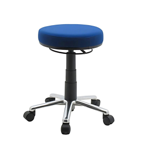 Sit and Stand Stool, blue seat and chrome base.