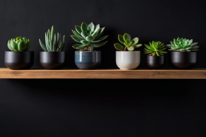Wooden shelf with pots filled with vibrant green succulents perfect for office desks.
