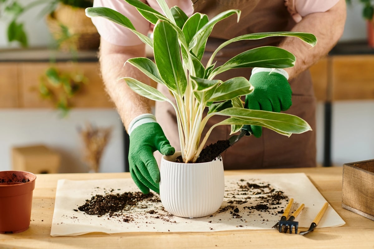 Frustrated by Fungus Gnats? How to Remove Small Flies from Indoor Plants 6 Person repotting an indoor plant, a key step in how to remove small flies from indoor plants.