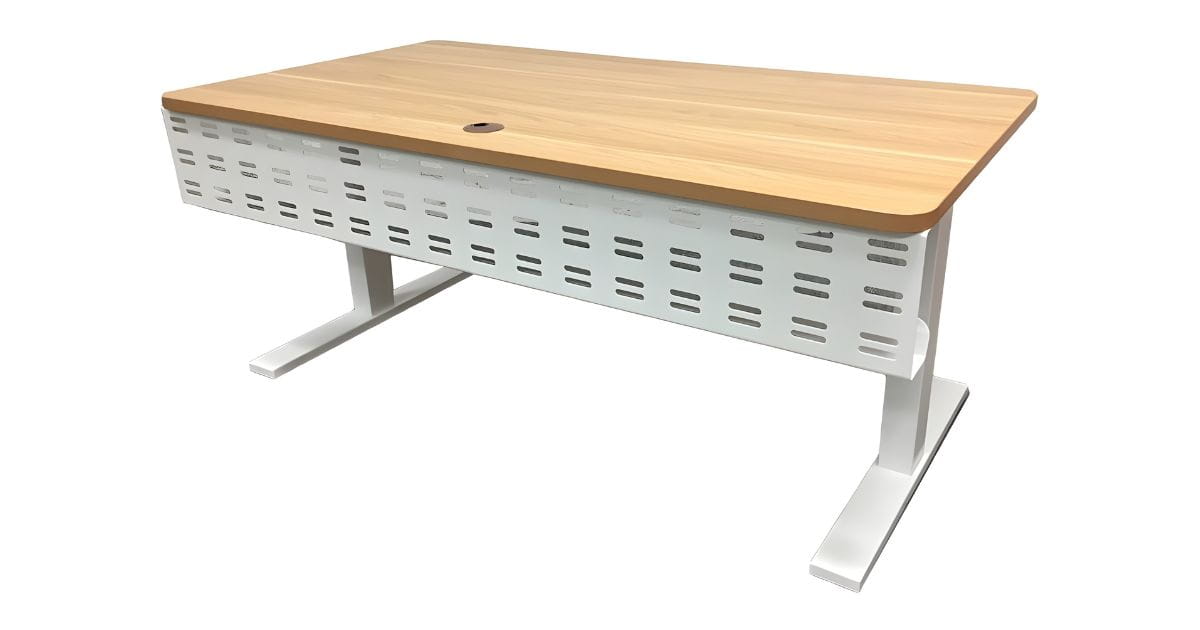 Elevate Sit-Stand Desk with wood desktop and white adjustable frame designed to support ergonomic standing and sitting work positions.