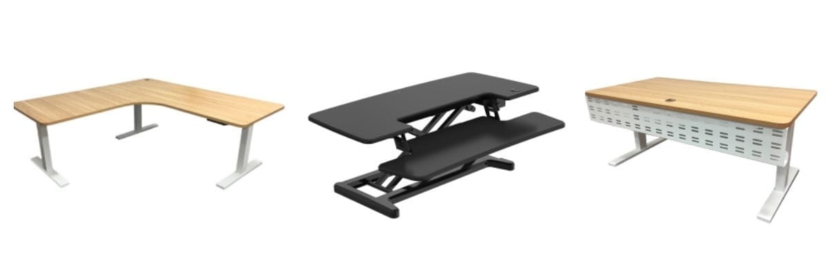 How to Transition to a Standing Desk Without Pain or Fatigue 3 Three standing desk options including an L-shaped desk, sit-stand riser and straight height-adjustable desk.