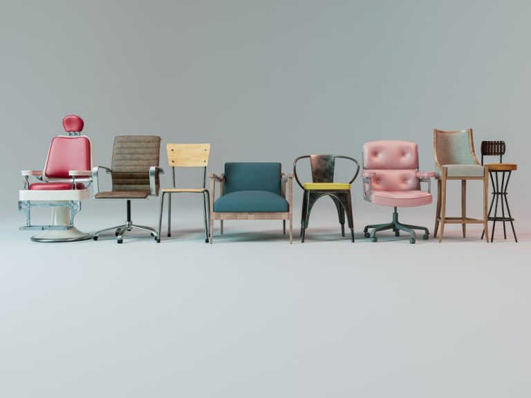 An arrangement of eight different office chairs, each with distinctive fabric upholstery ranging from plush velvet to sleek, breathable mesh, highlighting the importance of choosing the right fabric for office chairs.