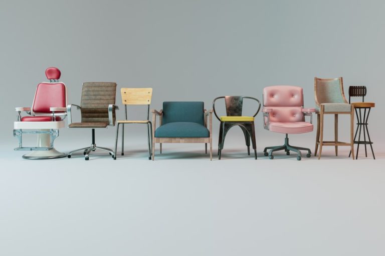 An arrangement of eight different office chairs, each with distinctive fabric upholstery ranging from plush velvet to sleek, breathable mesh, highlighting the importance of choosing the right fabric for office chairs.