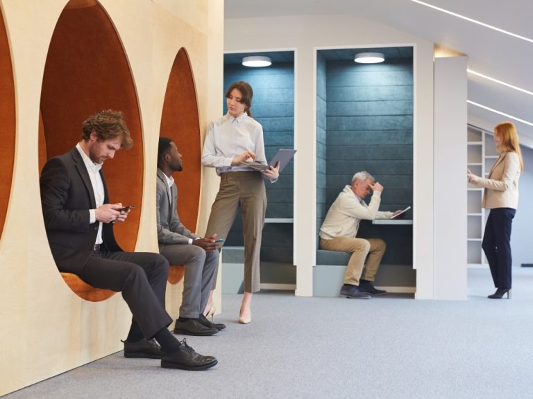 Employees engaged in various activities in unique meeting room designs, illustrating the significance of meeting room variety for productivity and comfort in the office.