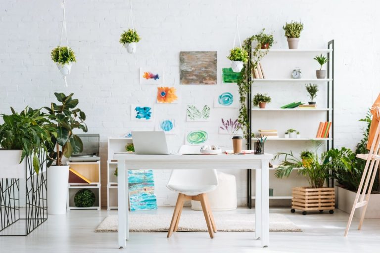 Stylish office interior with a contemporary desk chair placed in a light, airy room decorated with hanging plants and shelves.
