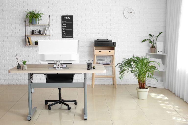 Adjustable office desk with monitor and plants.