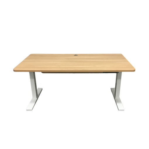 Elevate Sit-Stand Desk in Virginia Walnut Desk Top and White Powder Coat Frame, can be easily adjusted between sitting and standing position.