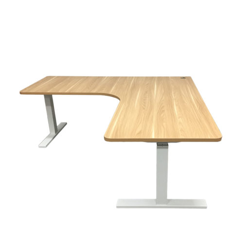Elevate Sit-Stand Desk - L Shape - Virginia Walnut Desk Top - White Powder Coat Frame