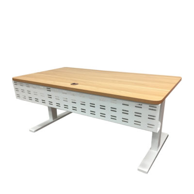 Elevate Sit-Stand Desk with Modesty Panel - Virginia Walnut Desk Top and Modesty Panel - White Powder Coat Frame