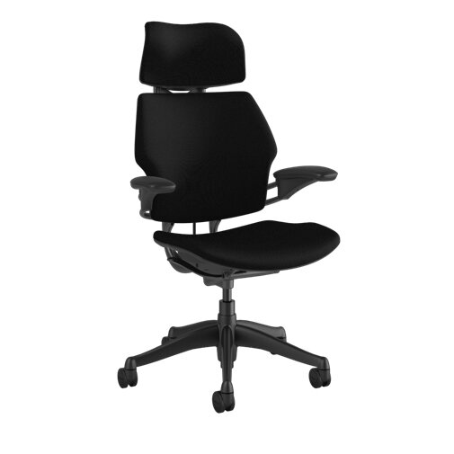 The HumanScale Freedom Executive high back office chair, upholstered in black leather.