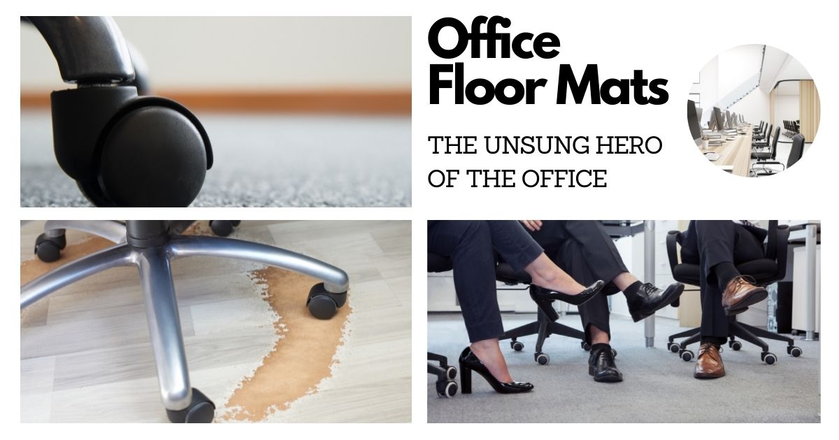 Office chair castor on carpet, office chair wheel causing damage to a hard floor and office workers sitting together on chairs with wheels.