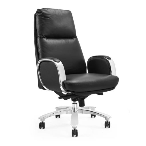 The Regal Executive High Back office chair, upholstered in Black leather. Side View.