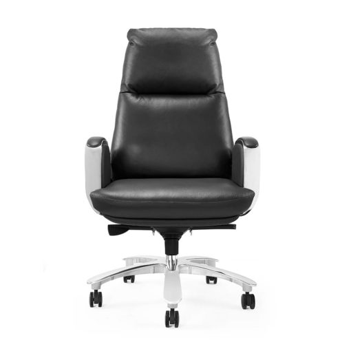 The Regal Executive High Back office chair, upholstered in Black leather. Front view.