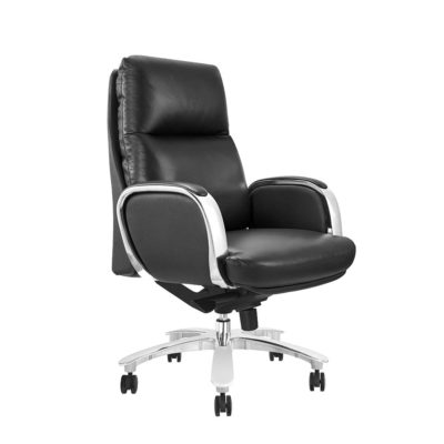 The Regal Executive Low Back office chair, upholstered in Black leather. Side view.