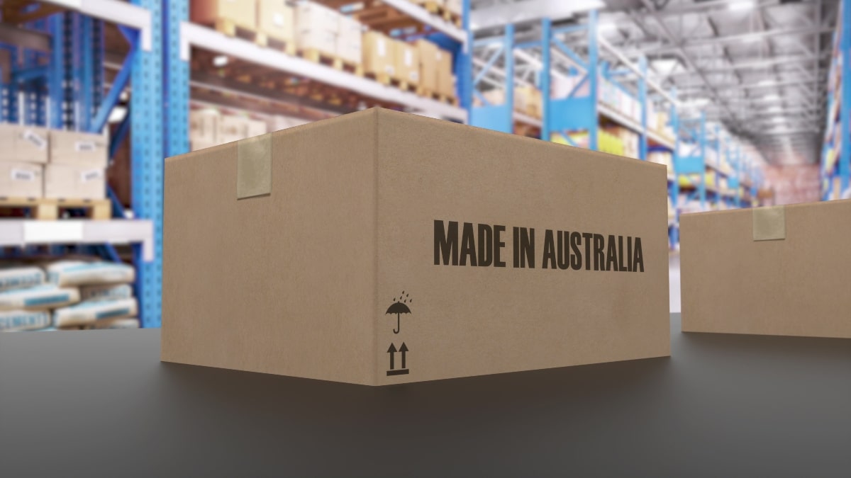 A cardboard box stamped Made In Australia.