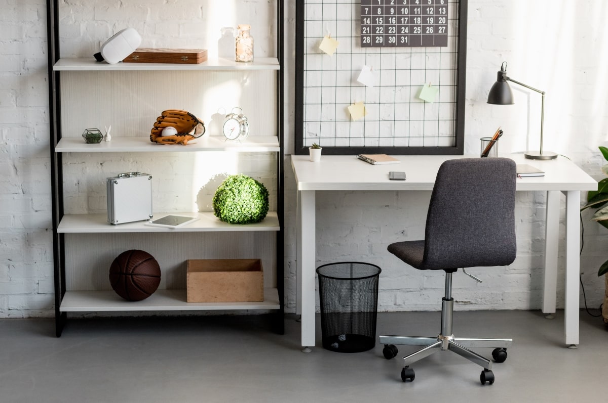 A home office set up with organisation, storage and office equipment.