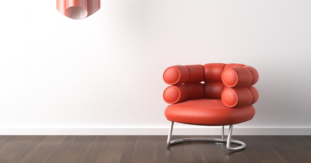 Unique interior design with orange armchair on white background.