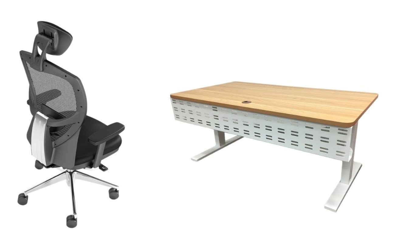 Ergonomic office chair, the Synchro Mesh Executive in black and Elevate Sit-Stand Desk in walnut with white frame.